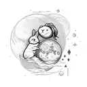 crecent Moon with filigri detailed name "Alexis" with a bunny sitting in the middle tattoo design idea