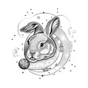 crecent Moon with filigri detailed name "Alexis" with a bunny sitting in the middle tattoo design idea