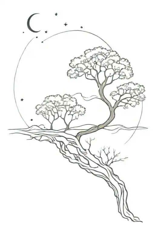 galaxy that flows into a tree then the tree roots flow into a waterfall tattoo design idea