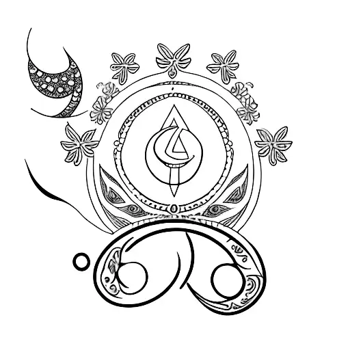 crescent moon with flowers, 2 butterfly, letter A, and ek enkar sikh symbol inside tattoo design idea