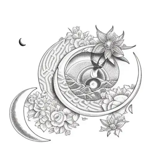 crescent moon with flowers inside tattoo design idea