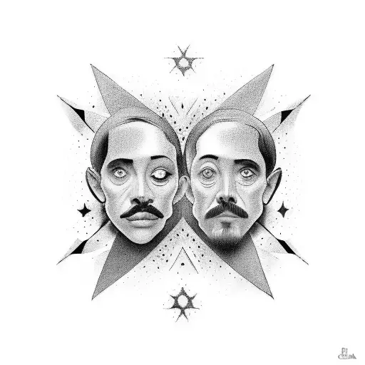 La silueta de 2 personas estando dentro de un espejo roto cada uno y alrededor la oche estrellada tattoo design idea