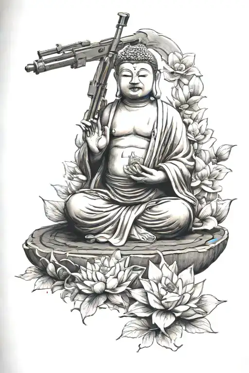 Budha on top of an AK 47 rifle and brushes and pallette and lot of lotuses tattoo design idea
