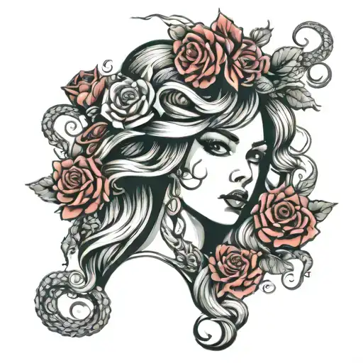 Girl face with an octopus crown and red roses as background tattoo design idea