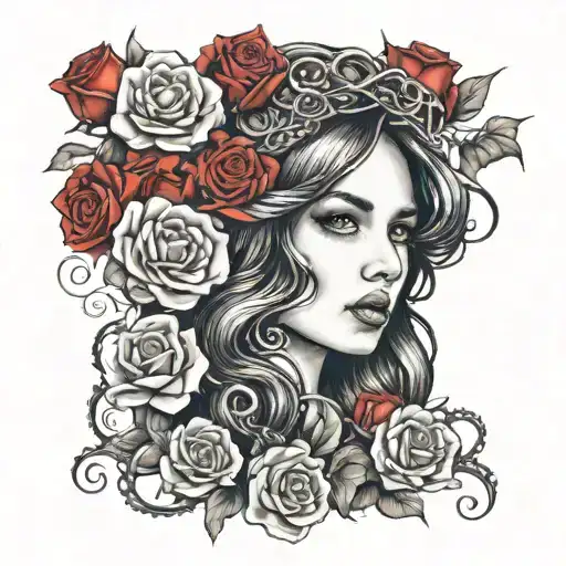 Girl face with an octopus crown and red roses as background tattoo design idea
