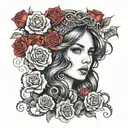 Girl face with an octopus crown and red roses as background tattoo design idea