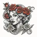Girl face with an octopus crown and red roses as background tattoo design idea