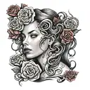 Girl face with an octopus crown and red roses as background tattoo design idea