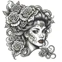 Girl face with an octopus crown and red roses as background tattoo design idea