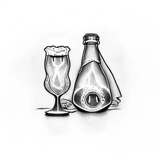 A dotwork tattoo of a beer bottle and wine bottle toasting with wedding rings as the necks of the bottles tattoo design idea
