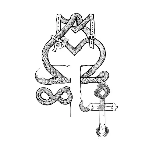 a cross and a heart and add a snake and sword and add a background and add Roman numerals tattoo design idea