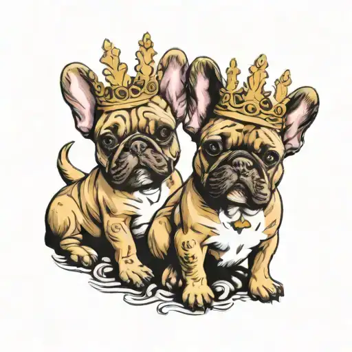 2 french bulldogs with crowns symbolizing royalty tattoo design idea