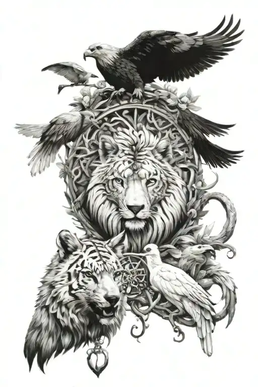 Fox, eagle, wolf, spider, bear, lion, tiger, dove in front of Yggdrasil  tattoo design idea