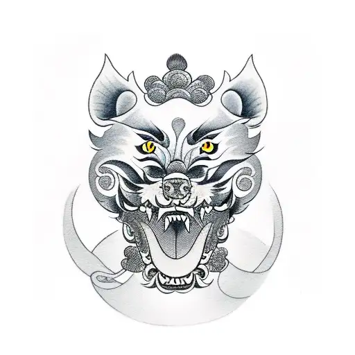 japanese foo dog with mouth open tattoo design idea
