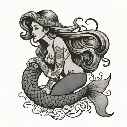 little mermaid line drawing with name Alexis in the line tattoo design idea