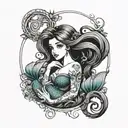 little mermaid line drawing with name Alexis in the line tattoo design idea