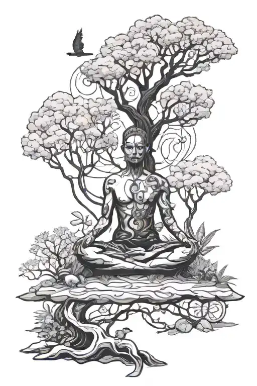 A serene forest scene with a meditating figure surrounded by symbols of self growth and altruism tattoo design idea