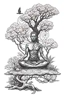 A serene forest scene with a meditating figure surrounded by symbols of self growth and altruism tattoo design idea