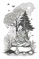 A serene forest scene with a meditating figure surrounded by symbols of self growth and altruism tattoo design idea