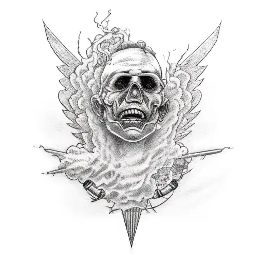 Falling icarus with chainsawman head tattoo design idea