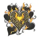 An simple design of hearts with flames, inspired by the heart on fire emoji tattoo design idea