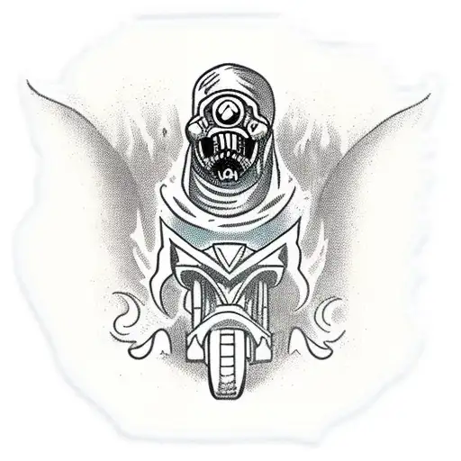 The Lich King riding a traditional motorcycle through a post-apocalyptic Adventure Time world tattoo design idea