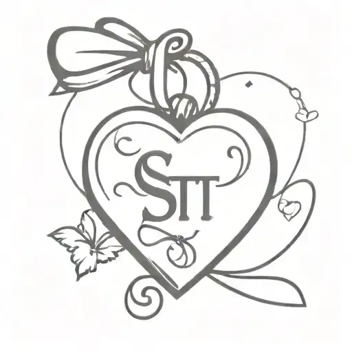 heart shaped locket with a bow with initials S and T tattoo design idea