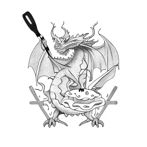 A chef singing while cooking with a dragon as their sous chef tattoo design idea
