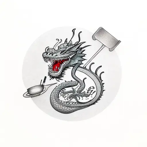 A chef singing while cooking with a dragon as their sous chef tattoo design idea