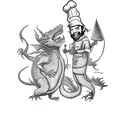 A chef singing while cooking with a dragon as their sous chef tattoo design idea