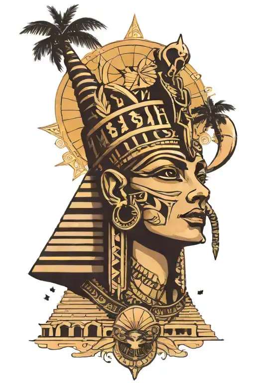 Egyptian pharaoh, Horus, pyramids, sun, moon, stars, palm trees, sphinx, temple with names Thelma, Cheryl, Tamara, 7749. tattoo design idea