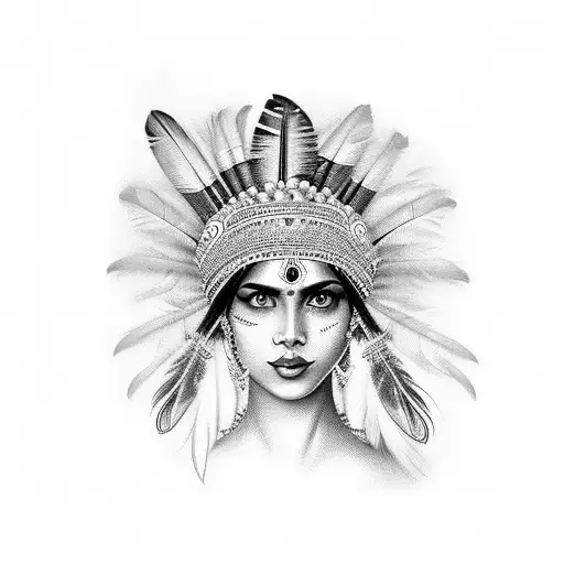 create an Indian woman with a European face and feathers on her head tattoo design idea