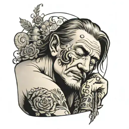 an ancient man sleeping under a teee in the noon   tattoo design idea