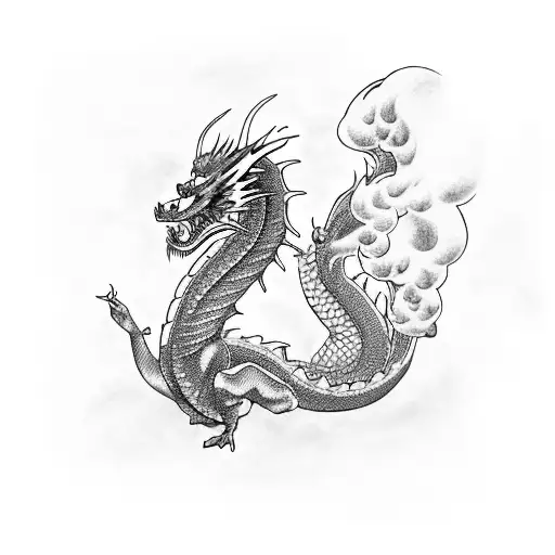 a red japanese style dragon playing a standup bass with smoke straight up coming from the nostrals. tattoo design idea