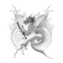 a red japanese style dragon playing a standup bass guitar with smoke straight up coming from the nostrals. tattoo design idea