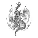 a red japanese style dragon playing a standup bass guitar with smoke straight up coming from the nostrals. tattoo design idea