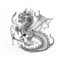 a red japanese style dragon playing a standup bass guitar with smoke straight up coming from the nostrals. tattoo design idea