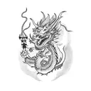 a red japanese style dragon playing a standup bass guitar with smoke straight up coming from the nostrals. tattoo design idea