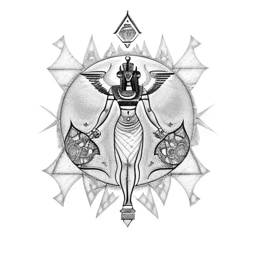 An intricate blackwork tattoo featuring the Egyptian goddess Isis surrounded by mathematical equations and symbols, with a touch of esoteric imagery. tattoo design idea
