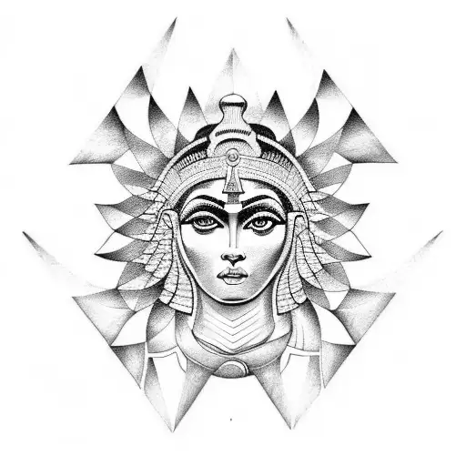 A dotwork tattoo featuring the goddess Isis in a geometric pattern, with mathematical equations and esoteric symbols interwoven throughout the design. tattoo design idea