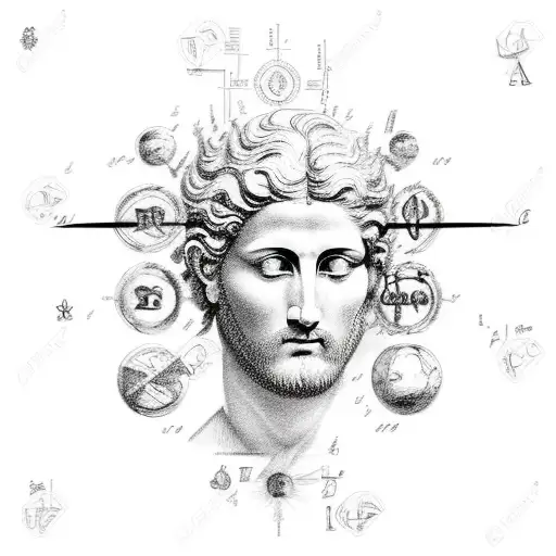 A sketch-style tattoo of the Roman god Mercury surrounded by mathematical equations and symbols, with esoteric imagery incorporated into the details. tattoo design idea