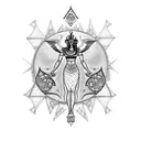 An intricate blackwork tattoo featuring the Egyptian goddess Isis surrounded by mathematical equations and symbols, with a touch of esoteric imagery. tattoo design idea