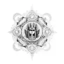 An intricate blackwork tattoo featuring the Egyptian goddess Isis surrounded by mathematical equations and symbols, with a touch of esoteric imagery. tattoo design idea