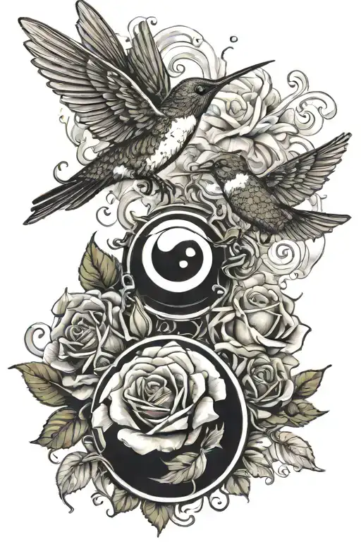 roses, 8 ball, humming bird, fire, smoke, 8, wings tattoo design idea