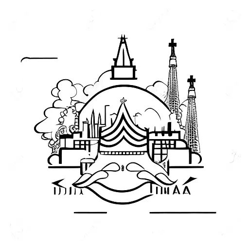 A minimalist tattoo of the Barcelona skyline with smoke rising from the buildings tattoo design idea