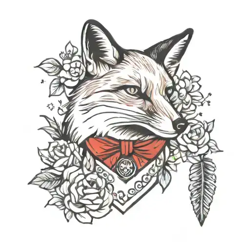 fox with finch tattoo design idea