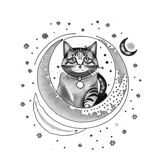 a crescent moon with a cat sitting on it with stars and sparkling dangles tattoo design idea