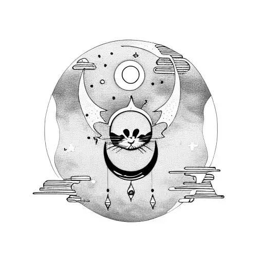 a crescent moon with dangles and a cat and the sun tattoo design idea