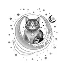a crescent moon with a cat sitting on it with stars and sparkling dangles tattoo design idea