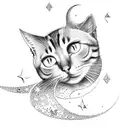 a crescent moon with a cat sitting on it with stars and sparkling dangles tattoo design idea